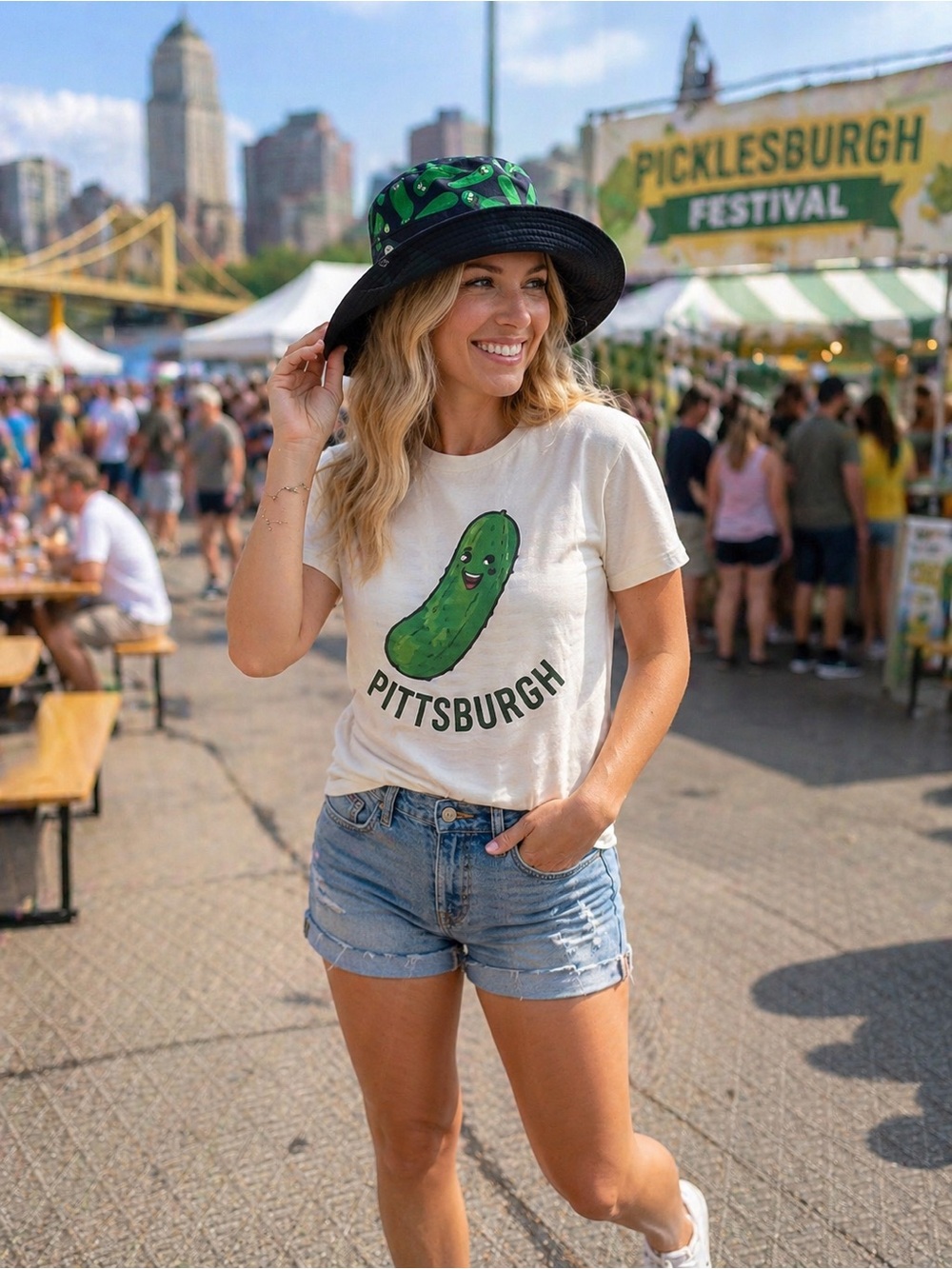 Picklesburgh Festival 2025 Black Bucket Hat with Green Pickle Print NWOT